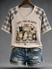 Damen-T-Shirt mit niedlichem Katzen-Print, V-Ausschnitt und schulterfreiem Kurzarm