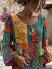 Damen niedliches Patchwork-Katzendruck-Lässiges Langarm-Oberteil
