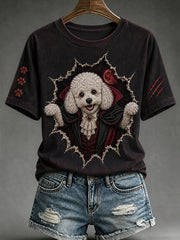Damen Halloween Vampir Hund gedruckt Vintage Mode Lose Kurzarm T-Shirt