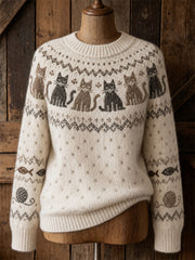 Damen-Vintage-Strickpullover mit Katzen‑Motiv und Isle‑Muster, kuschelig, Rundhalsausschnitt