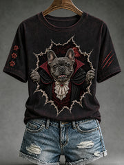 Weibliches Halloween-Vampir-Hund-Print Vintage-Mode lockeres Kurzarm-T-Shirt