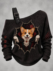 Damen-Halloween-Vampirhund-Print-Ein-Schulter-Waffelpiqué-Casual-Kapuzenpullover