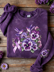 Frauen Brummen Vögel & Lila Band Pansy Blumen druck Sweatshirt