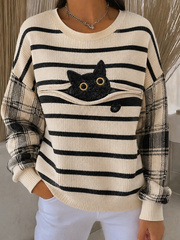 Damen-Sweatshirt mit süßem Katzen-Print, gerippt und mit Rundhalsausschnitt