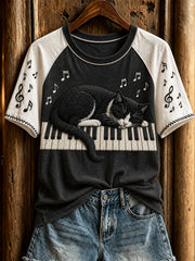 Frauen niedliches Katzen-und Klavier design lässiges Kurzarm-T-Shirt