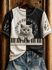Damen-T-Shirt mit niedlichem Katzen- und Klaviermotiv, lässig, kurzärmlig