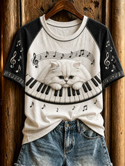 Damen-T-Shirt mit niedlichem Katzen- und Klaviermotiv, lässig, kurzärmlig