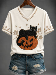 Damen-Halloween-T-Shirt mit Kürbisdruck und V-Ausschnitt