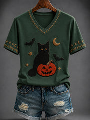 Damen-Halloween-T-Shirt mit Kürbisdruck und V-Ausschnitt