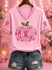 Frauen Brustkrebs Rosa Bedrucktes T-Shirt mit V-Ausschnitt
