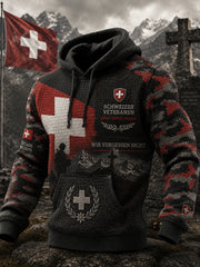Herren-Vintage-Kapuzenpullover im militärinspirierten Waffelstrick mit grafischem Print