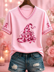 Frauen Brustkrebs Rosa "HOPE" Bedrucktes T-Shirt mit V-Ausschnitt