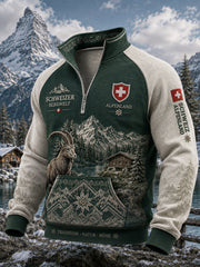 Herren-Langarm-Raglan-Ärmel-Top mit Reiß verschluss und Snowy-Mountain-Grafik