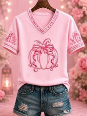 Rosa bedrucktes T-Shirt mit V-Ausschnitt zum Thema Brustkrebs bei Frauen