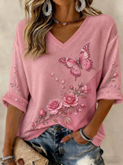 Damen-T-Shirt mit V-Ausschnitt und Brust krebs blumen bedruckt mittellange Ärmel