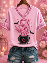 Rosa bedrucktes T-Shirt mit V-Ausschnitt zum Thema Brustkrebs bei Frauen
