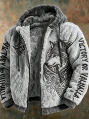 Herren-Viking-Tribal-Jacquard-Keltisches Plüsch-Fleecejacke mit Wolfsmotiv, warm, mit Reißverschluss und Kapuze
