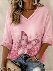 Damen-T-Shirt mit Brustkrebs-Blumenmuster, mittellange Ärmel und V-Ausschnitt