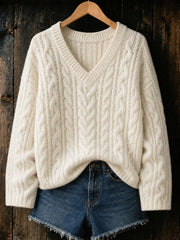 Damen Herbst/Winter Kabel strick Oberteile mit V-Ausschnitt