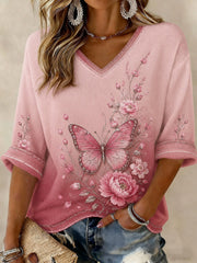 Damen-T-Shirt mit Brustkrebs-Blumenmuster, mittellange Ärmel und V-Ausschnitt