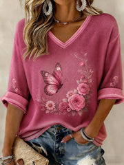 Damen-T-Shirt mit Brustkrebs-Blumenmuster, mittellange Ärmel und V-Ausschnitt