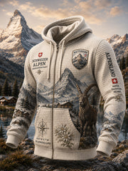 Herren-Langarm-Kapuzen pullover mit Reiß verschluss und verschneidter Berg grafik