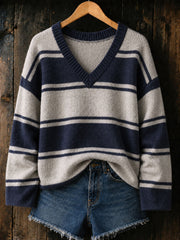 Frauen Herbst/Winter gestreifte V-Ausschnitt Tops