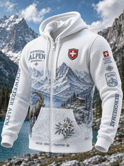 Herren-Kapuzenpullover mit langen Ärmeln und Reißverschluss, mit grafischem Schneeberg-Druck