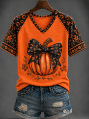 Bedrucktes T-Shirt mit V-Ausschnitt Halloween-Kürbis für Frauen