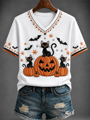 Damen-Halloween-T-Shirt mit Kürbisdruck und V-Ausschnitt