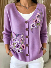 Damen Noble Brummen Vogel Pansy Blumen Druck Gemütliche Strickjacke