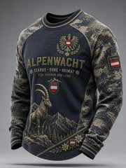 Herren-Top im Vintage-Militärstil mit Camouflage-Print, Waffelstrick und Raglanärmeln, langarm