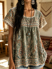 Damen Vintage böhmische gemusterte Bluse
