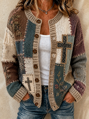Strickjacke im Patchwork-Stil mit Glaubens druck für Damen