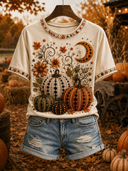Damen-T-Shirt mit Polka-Dots und Herbst-Kürbis-Print, kurzärmelig