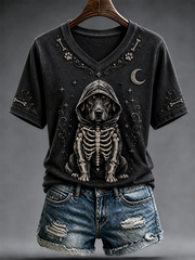 Damen-Halloween-T-Shirt mit Hunde-Print und kurzen Ärmeln
