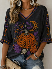 Damen-Polka-Punkt-Herbst-Kürbis-Print-T-Shirt mit V-Ausschnitt