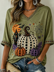 Damen-T-Shirt mit Polka-Dot-Muster, Herbst-Kürbis-Print, mittellangen Ärmeln und V-Ausschnitt
