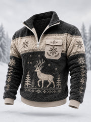 Herren-Pullover aus Plüsch mit Reißverschluss im nordischen Rentier-Design