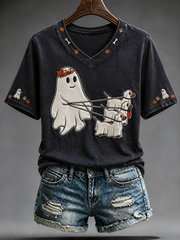 Damen-Halloween-T-Shirt mit Hunde-Print und kurzen Ärmeln