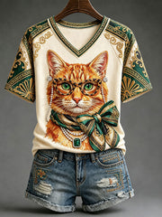 Frauen Spaß Katze Print V-Ausschnitt T-Shirts