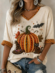 Damen-T-Shirt mit Polka-Dot-Muster, Herbst-Kürbis-Print, mittellangen Ärmeln und V-Ausschnitt