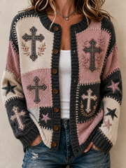 Damen-Strickjacke im Patchwork-Stil mit Glaubensmotiv