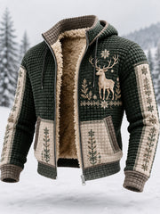 Herren-Kapuzenmantel aus Plüsch mit nordischem Rentier-Design und Reißverschluss