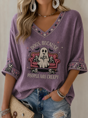 Damen-Halloween-Hunde-Print Mittellange Ärmel V-Ausschnitt T-Shirt