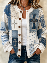 Damen-Strickjacke im Patchwork-Stil mit Glaubensmotiv