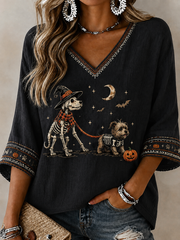 Damen-Halloween-T-Shirt mit Hunde-Print, mittellange Ärmel und V-Ausschnitt