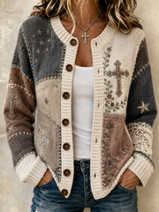 Damen-Strickjacke im Patchwork-Stil mit Glaubensmotiv
