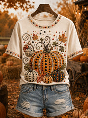Damen-T-Shirt mit Polka-Dots und Herbst-Kürbis-Print, kurzärmelig
