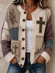 Damen-Strickjacke im Patchwork-Stil mit Glaubensmotiv